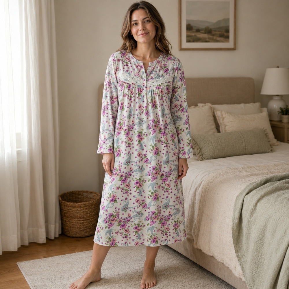 Aria Womens Floral Paisley Fleece Nightgown Long Sleeve Lace Trim Purple Pink L